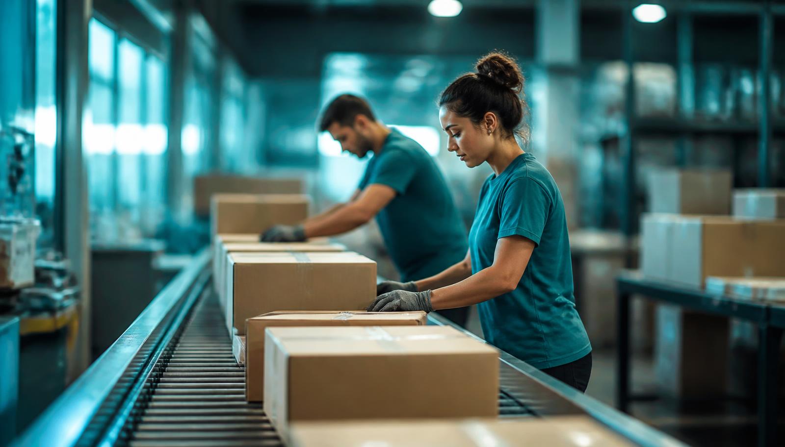 Equipe operando esteira de separação de pedidos em centro de distribuição